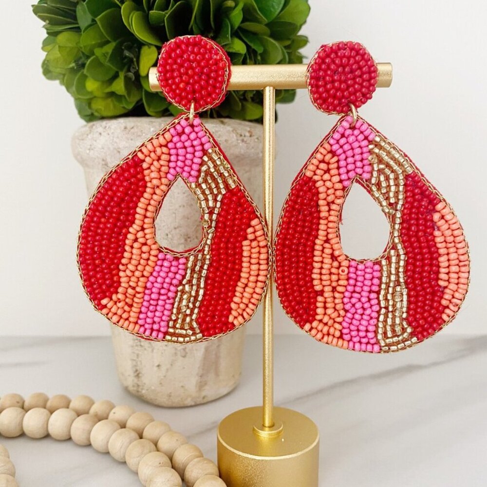 Bellamie Fuchsia Pink Beaded Wave Teardrop Statement Earrings NEW